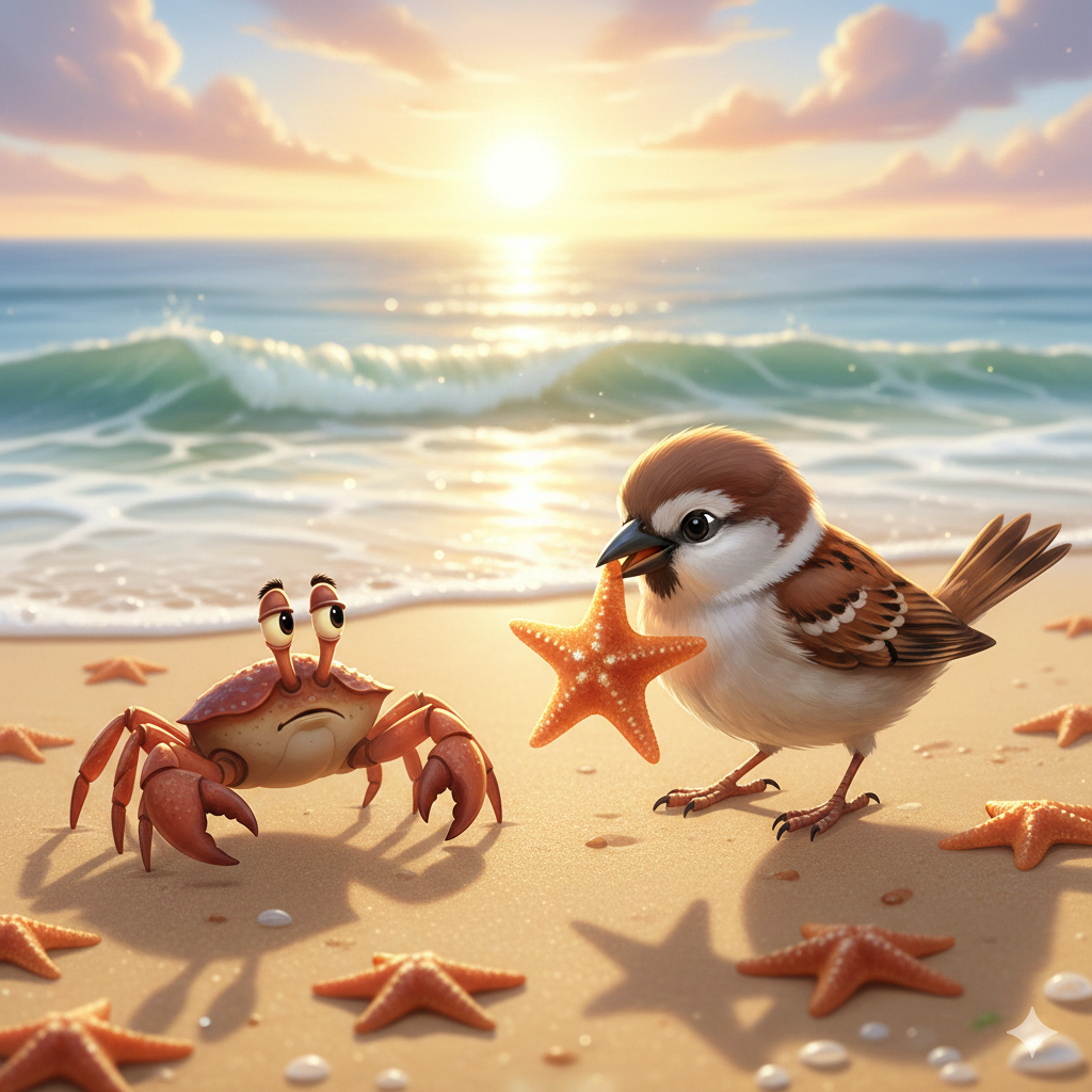 Chittu sparrow saving a starfish story image