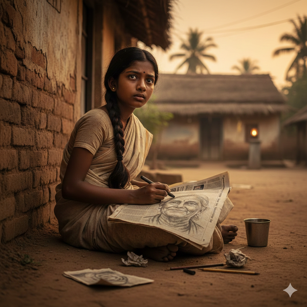 A young village girl named Emma drawing a realistic portrait on old paper with a pencil.